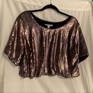 Rose Gold Sequin Short Sleeved Boxy Crop Top